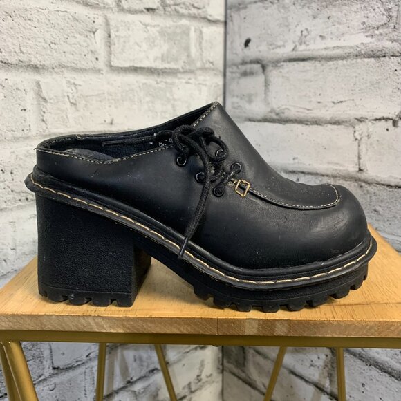 Vintage Y2K Nevada Chunky Heel Platform Mules 5 Black Leather Slip On Shoes 90s - Picture 4 of 13